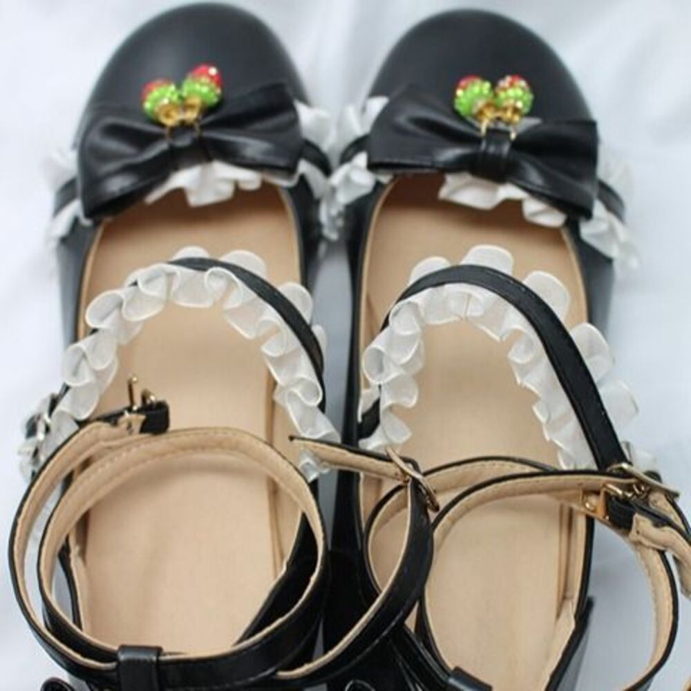 Black Lolita 39(8-8.5) Double Strap Buckle Harajuku w/Strawberries, Lace & Bows